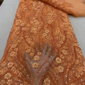 New African Fabrics 2025 French Lace Fabric Luxury Beaded Lace Fabric Wedding 5 Yard Orange Lace Fabric 3D Flower Fabric A1098-1