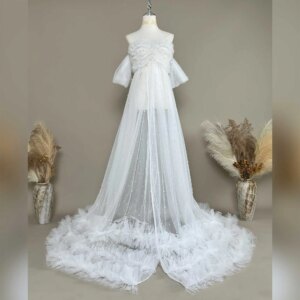 Don&Judy Tulle Beaded Strapless Maternity Photography Gown with Ruffled Hem Decorations Pregnant Women Clothing Photo Shooting