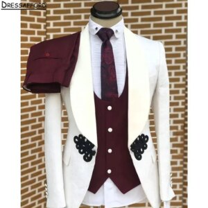 Gorgeous Jacquard Men Business Formal Occasion Tuxedos Grooms Wedding Party Prom Male Suit 3 Piece Set Blazer Vest Pants