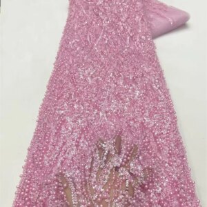 African Lace Novelty 2025 African Fabric High Quality Beaded Lace Fabrics Luxury Embroidery French Pink Lace Fabric Dress W469-1