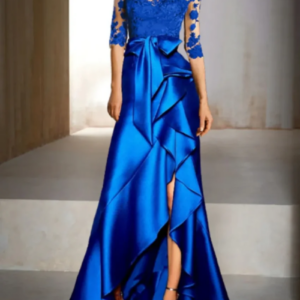 Othray Mermaid Ruffles Asymmetrical Lace Groom Mother Dresses For Women Elegant Long Blue Satin Mother Of The Bride Dresses