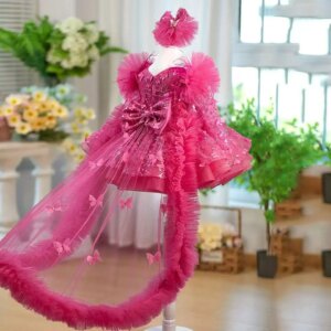 Jill Wish Luxury Fuchsia Flower Girl Dress with Train Lace Princess Children Wedding 1st Birthday Pageant Party Ball Gown D063