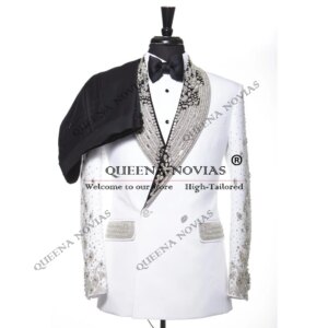 Customized Beaded Stones Tuxedo Suit For Wedding Double Breasted Jacket Pants 2 Pieces Groom Formal Party trajes de hombre