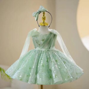 Dreamy Vow Charming O-Neckline Sequined Lace Tulle Flower Girl Dress Long Sleeves With Bow Birthday Holiday Party Ball Gown J397