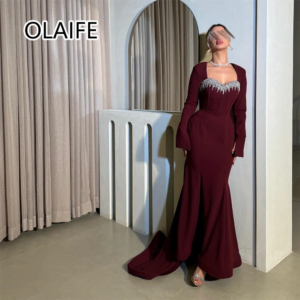 Customized Sweetheart Collar Satin Saudi Evening Arab Dress Beaded Crystal Sexy Mermaid Court Evening Prom Gown with Long Sleeve
