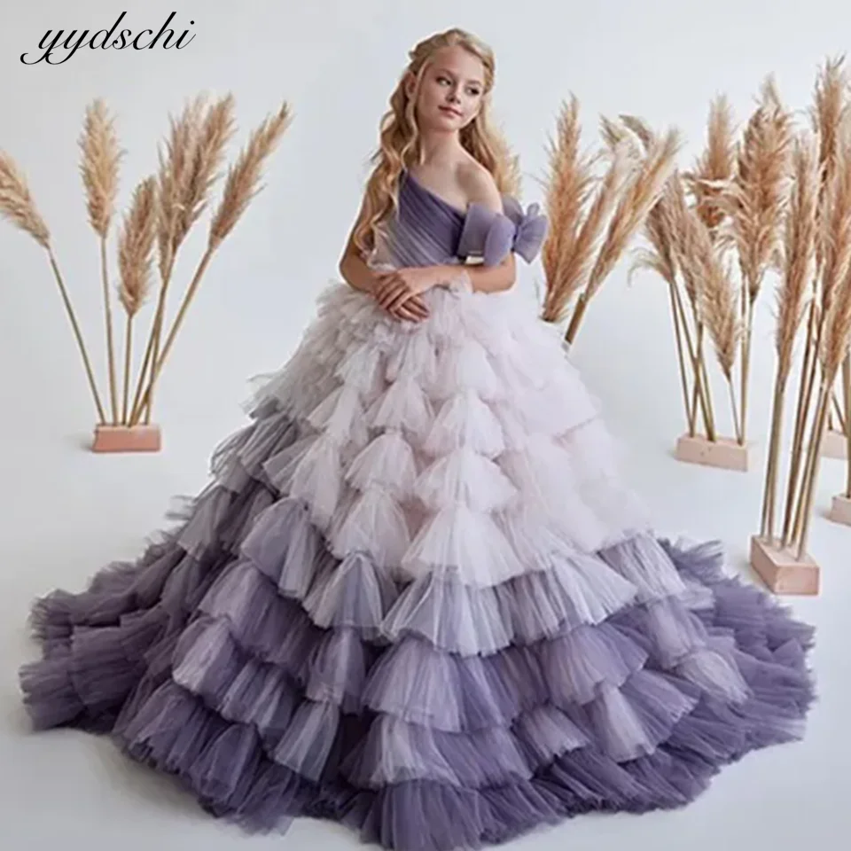 Flower Girl Wedding Dress Birthday Pageant Custom Kids Evening Party Gown Baby Girls Pageant Dresses Off Shoulder Multi Layer