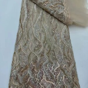 Nigerian Gold Beaded Lace Embroidery Fabric African Fabric Lace High Quality 2025 French Mesh With Sequence For Sewing KB4326