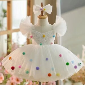 Jill Wish Elegant White Tulle Flower Girl Dress Lace Puffy Sleeve Knee Length for Princess Wedding Birthday Party Ball Gown J032