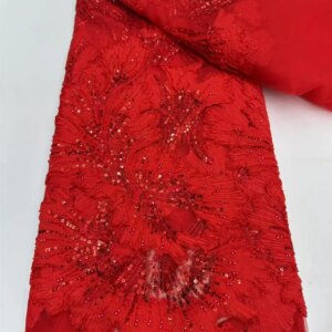 Luxury Lace High Quality Fabrics 2025 African Red Beaded Lace Fabric Embroidered Fabrics For Party Dresses Nigerian Lace A915-1