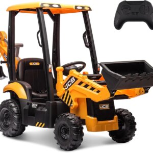 12V Electric Backhoe Loader Toy Car for Kids, Battery Powered Ride on Construction Vehicle Toys w/Front Loader & Excavator, Remo
