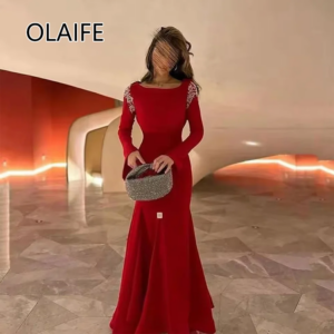 Glamorous O-neck Satin Evening Bridesmaid Dress with Beaded Crystal Sheath Sexy Evening Arab Gown with Long Sleeve Customized