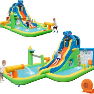 Inflatable Water Slide Park, 12.5×15.5FT Kids Mega Waterslide for Backyard w/Splash Pool, Tic Tac Toe, 680w Blower, Blow up Wate