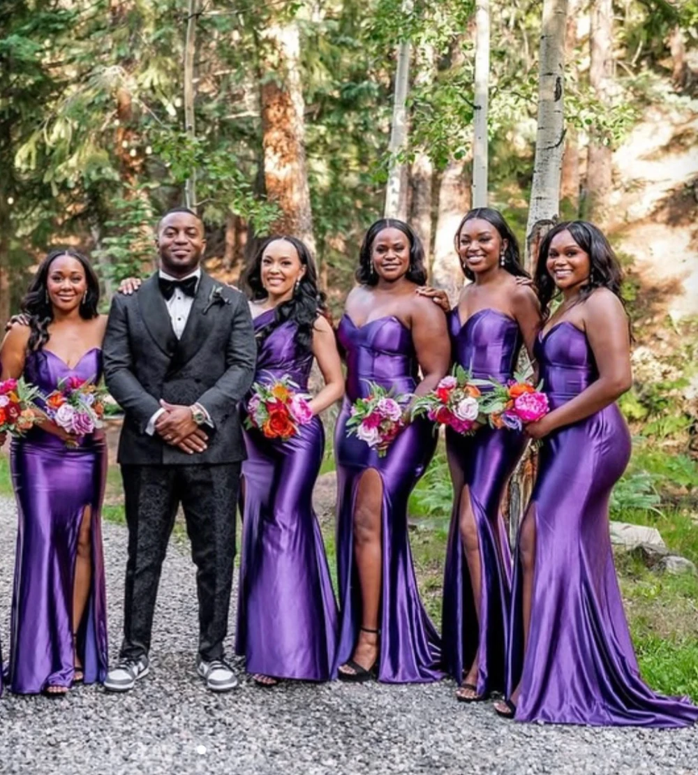 Customized Purple Mermaid Bridesmaid Dresses Long Sweetheart Satin Wedding Party Dress Side Split vestido de festa de casamento