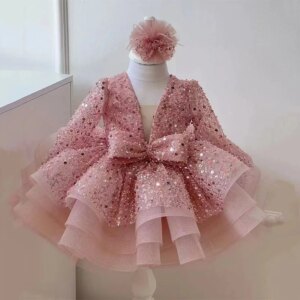 Girls Baby Dress Holiday Dress V-neck Sparkly mesh puffy dress Formal Party Junior BridePROM dress train baptism runway show