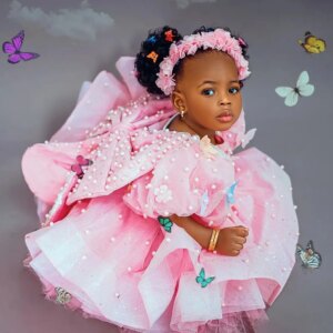 Pearls Pink Girls Birthday Party Dresses Customized Big Bow Beading Flower Girl Dresses Baby Ball Gowns for PhotoShoot