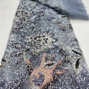 New Design Luxury French African Handmade Beads Tulle lace Latest Embroidery Sequins Mesh Lace Nigeria Fabric For Wedding Dress
