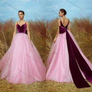 Pink Princess Women Prom Wedding Dress Sexy V Neck Velvet Tulle Bridal Party Gown A Line Long Evening Gown Customized Skirt