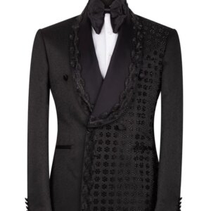 Black Jacquard Men Suit Set 2 Piece Beaded Blazer+Pants Trousers Wedding Tuxedos Male Prom Coat Customized Formal Office Jacket