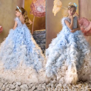 Luxury Feather Blue Girls Birthday Dresses Customized Flower Girl Dresses for Wedding Girl’s Party Gowns First Communion Dresses