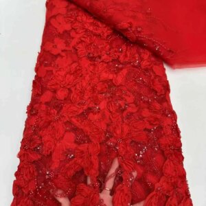 Latest Red 3D Flower Beaded Lace Fabric African Lace Fabric 2024 High Quality Sequence French Mesh Lace Fabric For Sewing KB4489