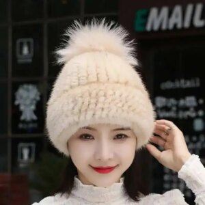 Real Mink Fur Cap For Women100% Natural Fur Hat Warm Ear Protection Fashion Knitted Cap With Fox Fur Ball Thickened Knitted Caps