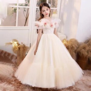 Jill Wish Elegant Champagne Girl Dress with Flowers Princess Kids Wedding Birthday Party Ball Gown Holy Communion 2025 J111