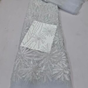 White High Quality African Lace Fabric 2024 French Net Sequins Fabric Sewing Embroidered Lace Tulle Nigerian Lace Fabric 5Yards
