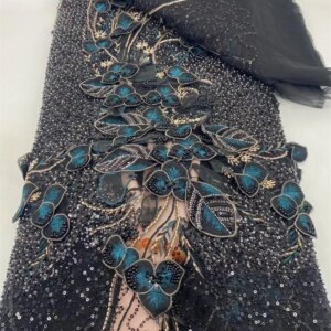 5 Yards African 3D Flower Beads Lace Fabric High Quality French Nigerian Embroidery Tulle Fabric For Wedding Dress Sewing