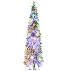 HOMCOM 6ft Tall Prelit Pencil Artificial Christmas Tree Holiday Dr with 407 Snow Flocked Branches 250 Warm White or Colorful LE