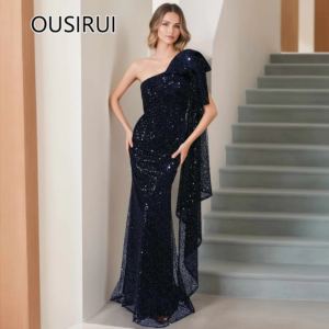 Custom Made Bling One Shoulder Sequins Ruffles Sheath Side Slit Evening Dubai Gown Open Back Court Evening Bridesmaid Dress