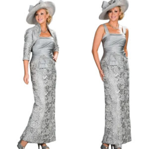 Elegant Two Piece Mother Of The Bride Dress With Jacket Best Silver Lace Wedding Guest Dress Sheath Formal Mom Evening Customize