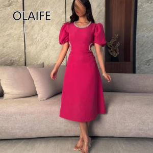 Saudi Arab O-neck Satin Evening Dres A-line Tea-Length Beaded Crystal Evening Bridal Gown with Short Puff Sleeve Customized