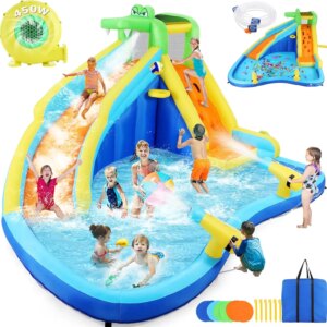 Inflatable Water Slide Bounce House 8-in-1 Large Water Park with 450W Blower/Splash Pool/Climbing Wall/Crocodile Water Spraying