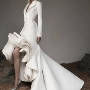 Elegant Long Sleeve V-Neck Ruffles mother of the bride Dresses White Satin Floor-Length Wedding Dress