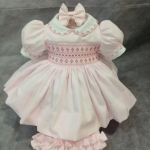 Baby Girl Summer Pink Flower Handmade Embroidery Smocked Dress with Pants for Eid Birthday Party Holiday Photography Casual