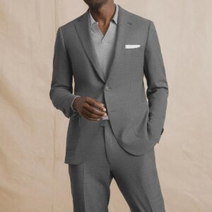 Classic Grey Men Suits Tuxedo Notched Lapel Two Buttons Big Pockets 2 Pieces Blazer Pants Tailored Formal Business Customized