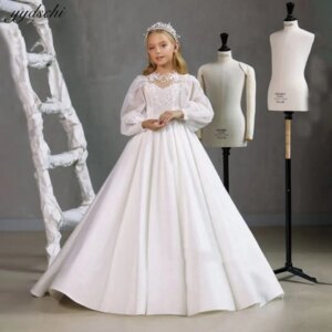 Customized Elegant White Tulle Puffy Flower Girl Dresses For Wedding 2025 Princess Lace Appliques Pageant First Communion Gown