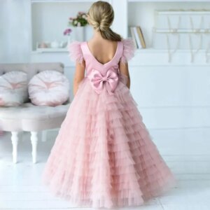 Pink Satin Tulle Puffy Tiered With Bow Sleeveless For Wedding Birthday Banquet Holy Communion Gown Customized Flower Girl Dress