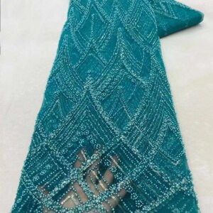 African Beads French Mesh With Sequence Latest Lace Fabric High Quality 2025 Blue Beaded Tulle Lace Fabrics For Sewing KB3854