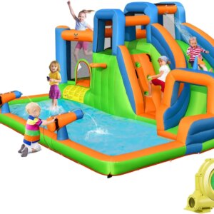 Inflatable Water Slide, 7 in 1 Mega Water Park Bounce House Waterslide Combo for Outdoor Fun w/735W Blower, Climbing Walls, Blow
