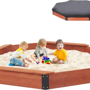 85″x78″x9″ Wooden Octagon Sandbox with Cover, Large Sandpit for Kids Outdoor Patio Backyard Play, Light Brown