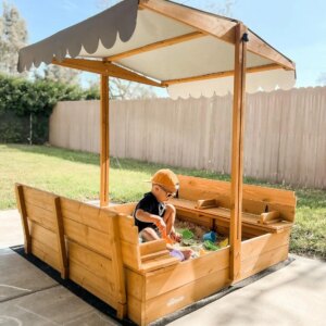 Sandbox with Lid, Sand Boxes for Kids Outdoor, 47.2 Inch Sand Pit with 2 Foldable Bench Seats, UV-Resistant & Adjustable Height