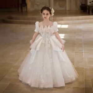 Dreamy Vow Luxury Embroidered Ruffle Sation Top Tulle Flower Girl Dress Arabic Princess Prom Wedding Evening Party Pageant D318