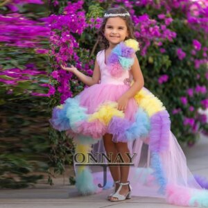Customized Colorful Princess Tulle Flower Girl Dress Detachable Train Pageant Communion Robe De Demoiselle for Baby Plus