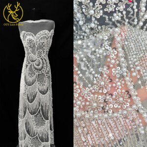 White Pearl Sequin Lace Fabric French Tulle Lace Bridal Wedding 2025 Luxury Mesh Lace Fabric for Ladies Party Dress Sewing