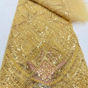 2024 Latest Hot Sale Fashion Africa Lace Fabric High Quality Handmade Embroidery Lace With Beads Sequins Party For Wedding Dress