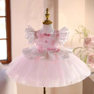 Jill Wish Appliques Pink Puffy Sleeve Flower Girl Dress Knee Length Lace Princess Baby Wedding Birthday Party Holiday Gown J487