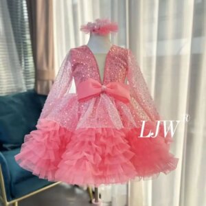 Sequin Bow Girl Wedding Dress Long Sleeve Elegant Girl Birthday Party Princess Dress little girl exquisite mesh piano playing dr