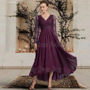 Customized Chic Summer Chiffon Mother Of The Bride Dresses With Lace Long Sleeves Floor Length Hi-Lo Formal Wedding Party Gown A