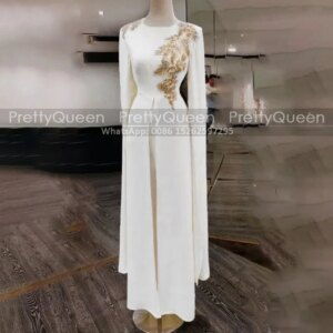 Customized Pleat A Line Mother of the Bride Dresses With Appliques Long Sleeves Dubai Kaftan Women Jewel Neck White Prom Dress